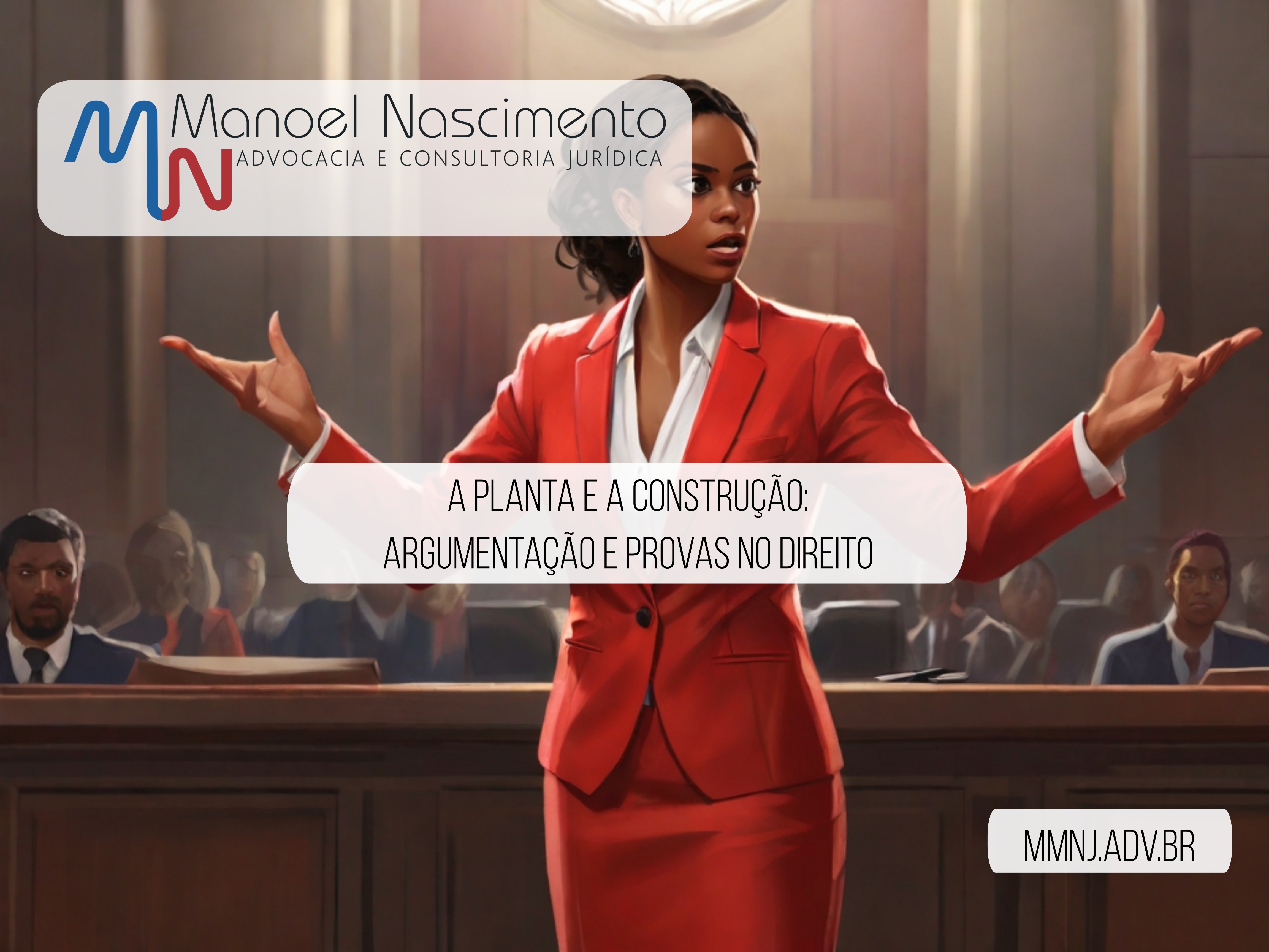 A planta e a construção: argumentação e provas no Direito. Descrição: uma jovem advogada negra brasileira, usando um tailleur vermelho com blusa clara, gesticula ao argumentar num tribunal.