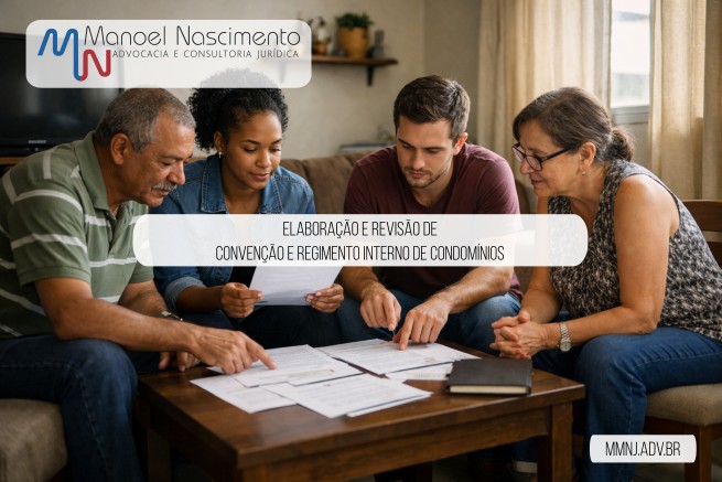 Quatro moradores de condomínio popular brasileiro revisando documentos da convenção e regimento interno na sala de apartamento simples, destacando a importância de regras claras e assessoria jurídica especializada para gestão condominial segura.