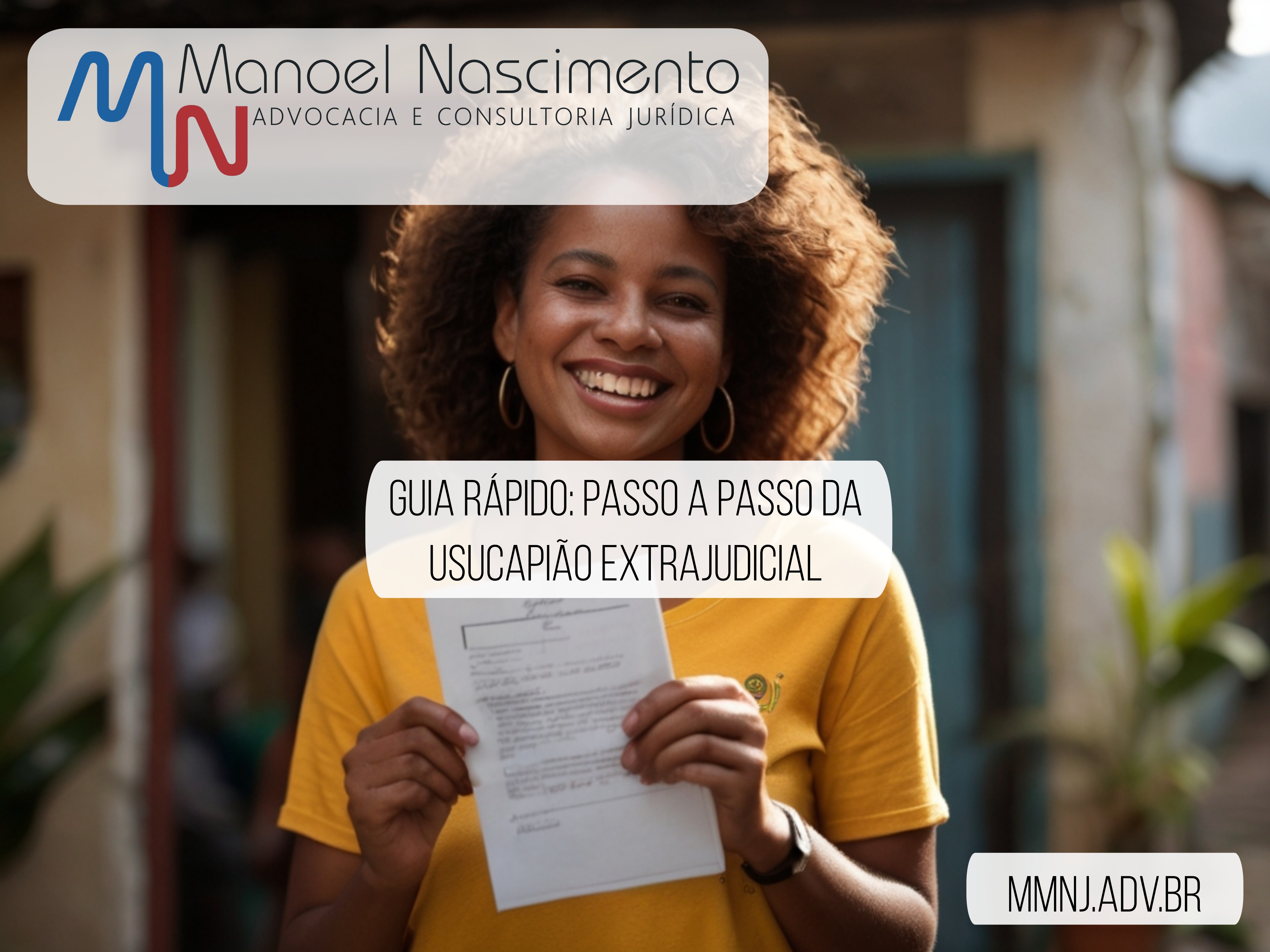 Guia rápido: passo a passo da usucapião extrajudicial. Descrição: mulher negra brasileira sorri enquanto segura um documento em frente à sua casa.