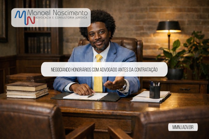 Advogado negro sentado à mesa de trabalho em escritório jurídico, com expressão acolhedora e gesto convidativo, em ambiente profissional sóbrio, ilustrando artigo informativo sobre honorários advocatícios, ética e transparência na relação entre advogado e cliente.