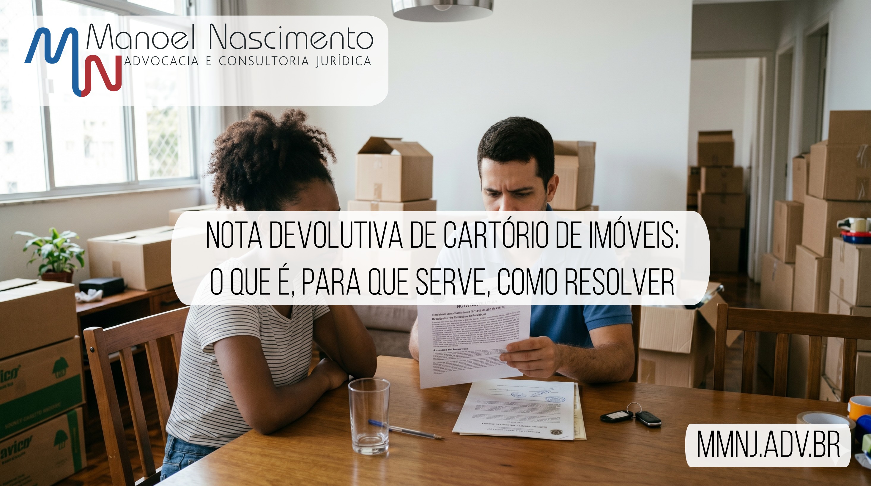 Imagem editorial de artigo jurídico sobre nota devolutiva de cartório de imóveis. Casal preocupado, uma mulher negra e um homem branco, analisa o documento de nota devolutiva do cartório de imóveis em uma sala com caixas de mudança.