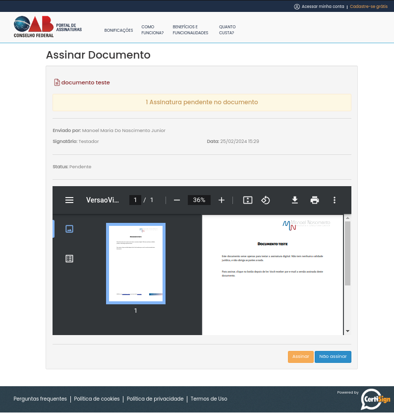 Portal de Assinaturas da OAB, tela Assinar