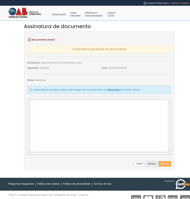 Portal de Assinaturas da OAB, tela Assinar em branco