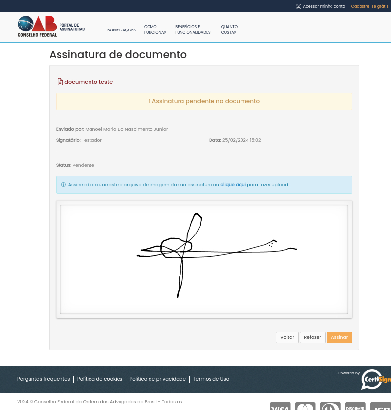 Portal de Assinaturas da OAB, tela Assinar preenchida